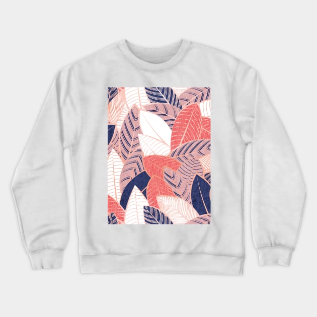 Leaf wall // pattern // navy blue coral and blush pink leaves rose metal lines Crewneck Sweatshirt by SelmaCardoso